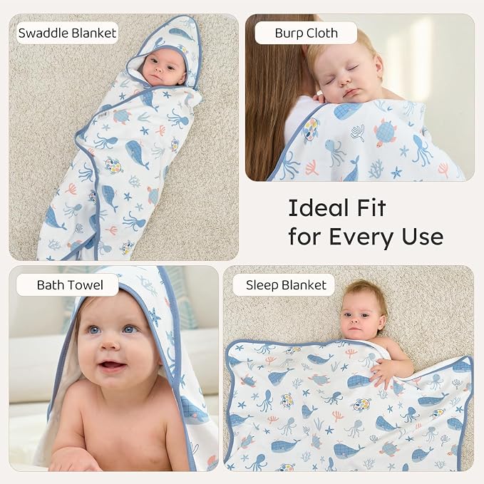 Hooded Baby Towels for Newborn,100% Cotton Baby Bath Towels with Hood for Infant Toddler Boy Girl, 2 Pack 32x32 Inch Soft & Absorbent Knit Terry Bath Essentials Blue Whale