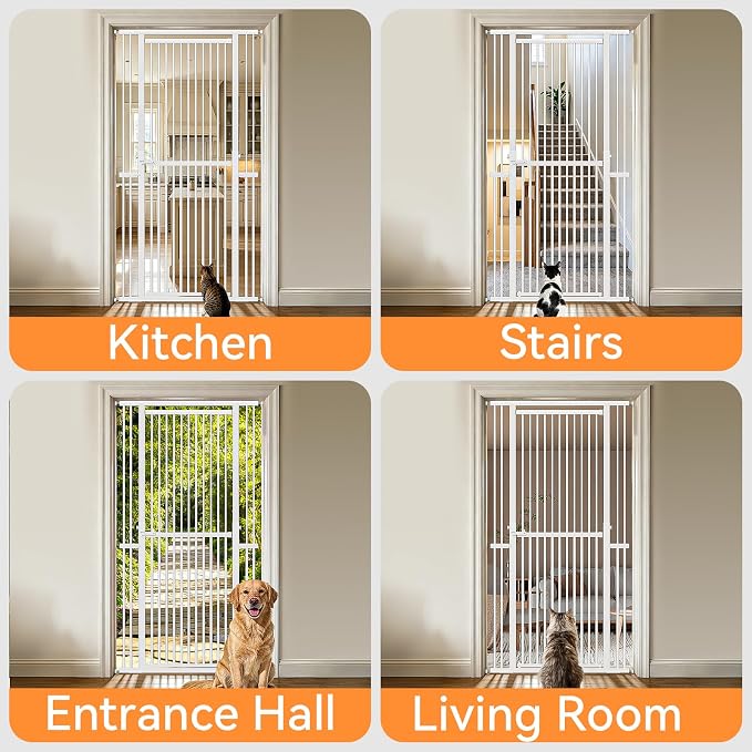 Snuowu 51"-87" Extra Tall Pet Gate for Cats, 29.5"-40.5" Wide Pressure Mounted No-Drilling Safety Dog Gate, Metal Walk-Thru Barrier for Doorways, Stairs, Kitchens, White