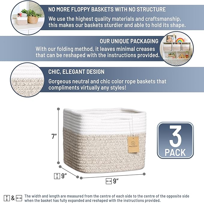 NaturalCozy Storage Cubes 9?�x9?�x7?�Cotton Rope Woven Baskets for Organizing 3-Pack | 9 Inch Cube Storage Bin | Small Basket for Shelf Nursery, Pantry, Decorative Plant, Bathroom Closet, Toy Gift
