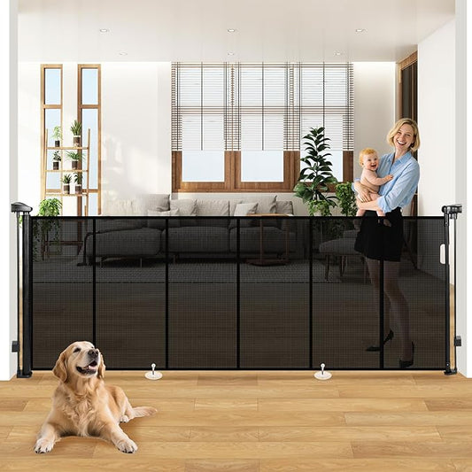 120" Extra Wide Retractable Baby Gates Dog Gate, Long Mesh Gate Pet Gate for Large Opening, 34" Extra Tall Child Safety Gate with Reinforced Strips for Stairs Hallways Doorways Deck Indoor Outdoor
