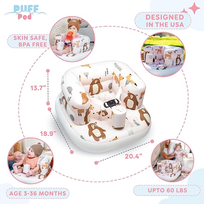 Inflatable Chair for Baby with Safety Harness, Built-in Pump & Non-Slip Base ??Infant Sit Up Seat for 3-36 Months, Portable Blow Up Baby Chair for Travel, Easy to Clean