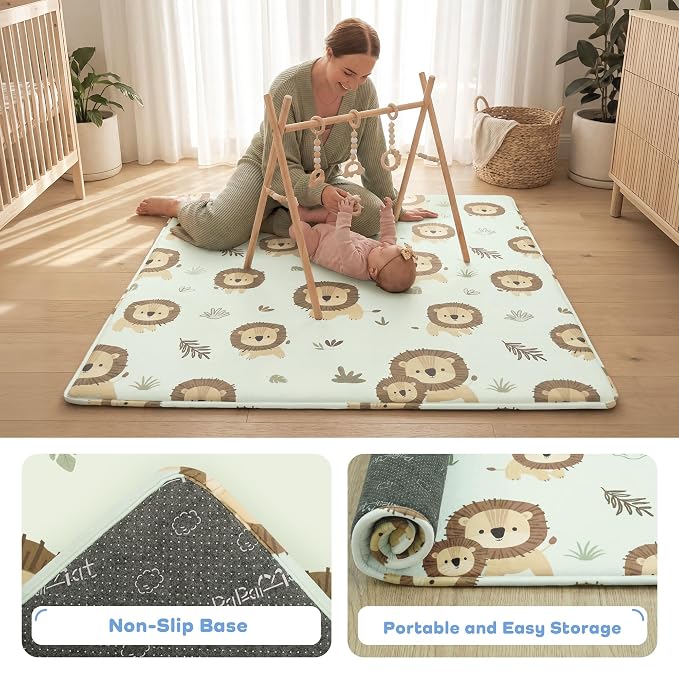 1.5" Thick Premium Baby Floor Play Mat, 71x59 Over-Sized Padded Memory Foam Mat, Tummy Time Crawling Playmat for Nursery Kids Playroom, Lion