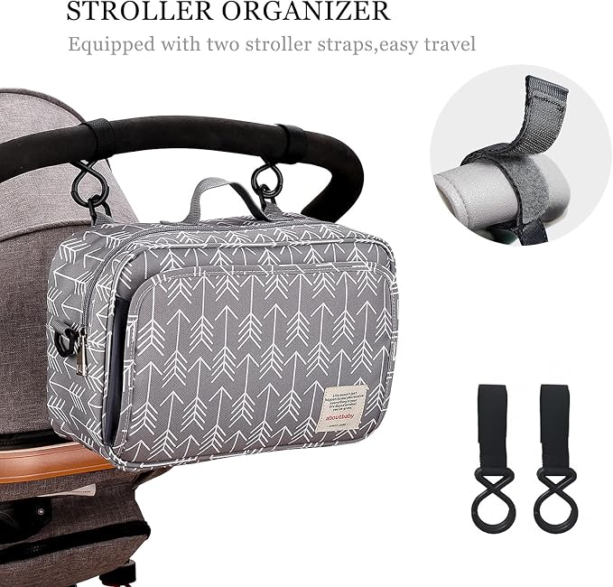 SONARIN Pram Buggy Bag Organiser & Stroller Organiser,Large Stroller Storage with Deep Cup Holder,2 x Pram Hooks,Shoulder Strap Used as Carry-On Handbag,Universal Fit All Buggy Models(Grey)