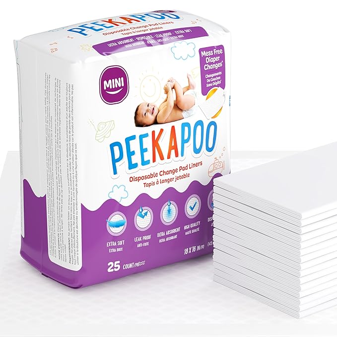 Peekapoo Mini ??25 Pack Disposable Changing Pads for Baby (18 Inches x 16 Inches) Disposable Waterproof Liners, Diaper Changing Pad Protector Mat