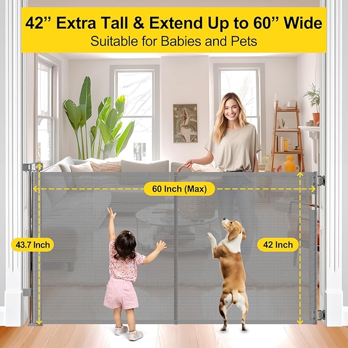 Reinforced 42??Extra Tall Pet Gate for Doorways, Extends up to 60??Wide, Extra Tall Retractable Baby Gates with Rods to Prevent Crawling Through Retractable Mesh Dog Gate Indoor Outdoor, Gray