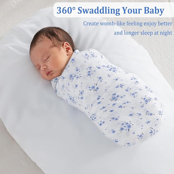 Viviland Muslin Swaddle Blanket, Baby Swaddle Blanket for Boys & Girls, Nursery Receiving Blanket for Newborn, Baby Swaddle Wrap Soft Silky & Breathable, 4 Packs, 47 X 47In, Blue Floral