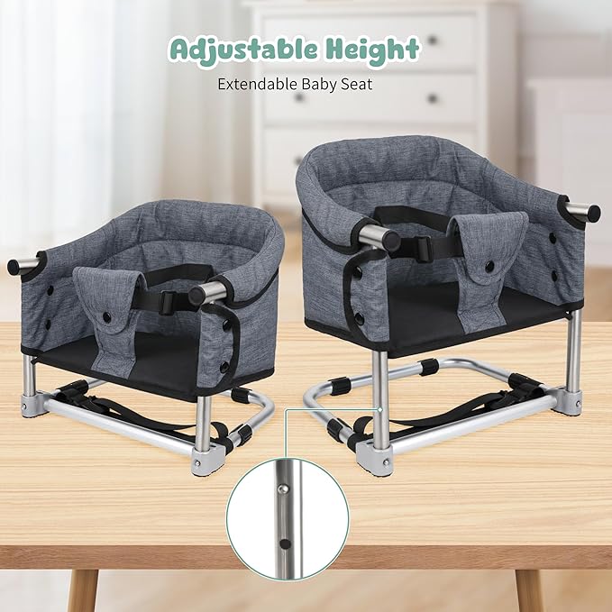 Booster Seat for Dining Table, 3-in-1 Portable Toddler Booster Chair with Safety Buckle, Height Adjustable & Foldable Baby Feeding Seat, Travel High Chair with Washable Cover & Storage Pocket - Grey