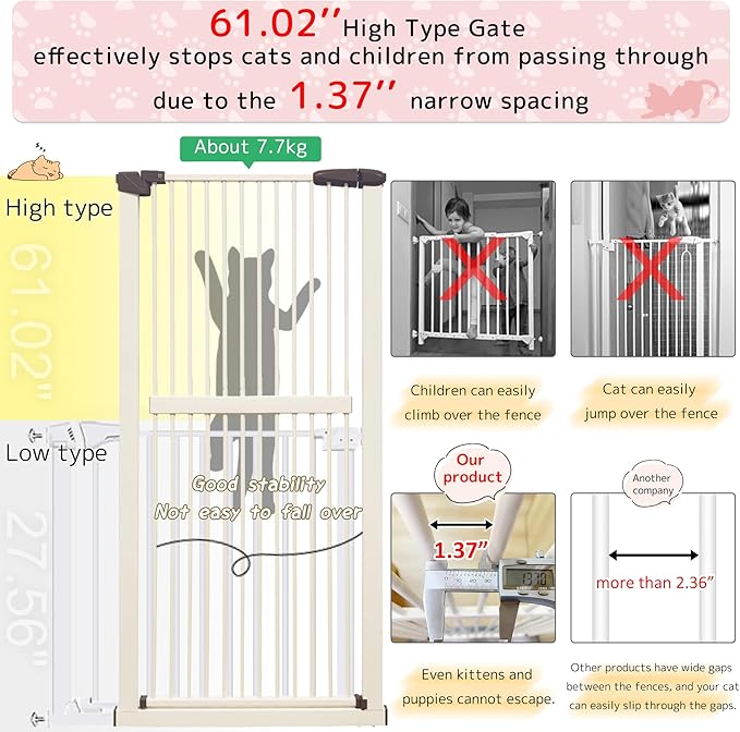Lumizone 61.02" Extra Tall Pet Gate for Cat Dog 63.39"-67.90" Wide Cream | Extra Tall Cat Gate for Doorway Hallway Stairs Pressure Mounted 1.37" Gap No Drilling Auto-Close Dual-Lock