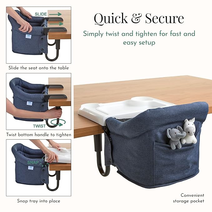 Evolur Clamp-On Comfort Table Chair, Portable Clip-On High Chair for Babies & Toddlers (6??6 Months), Removable Washable Seat Cover, Dishwasher-Safe Tray, Foldable Design with Carry Bag ??Navy