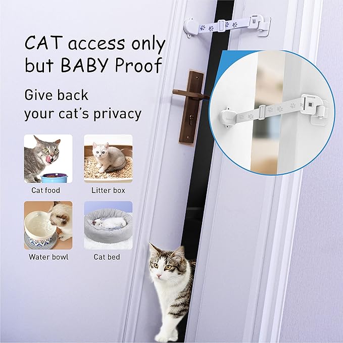 Neobay Magnetic Child Proof Door Lock & Adjustable Cat Door Latch, No Need for Interior Cat Door, Keeps Toddler Out of Litter Box, No-Drill Door Locks for Kids Safety, Easy Adult Access