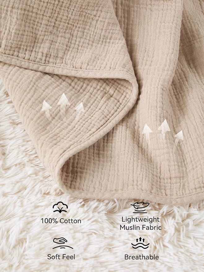 TILLYOU Muslin Swaddle Blanket Soft Baby Blanket for Girls Boys, 4-Layer Cotton Swaddle for Newborns 40"X40", Light Brown