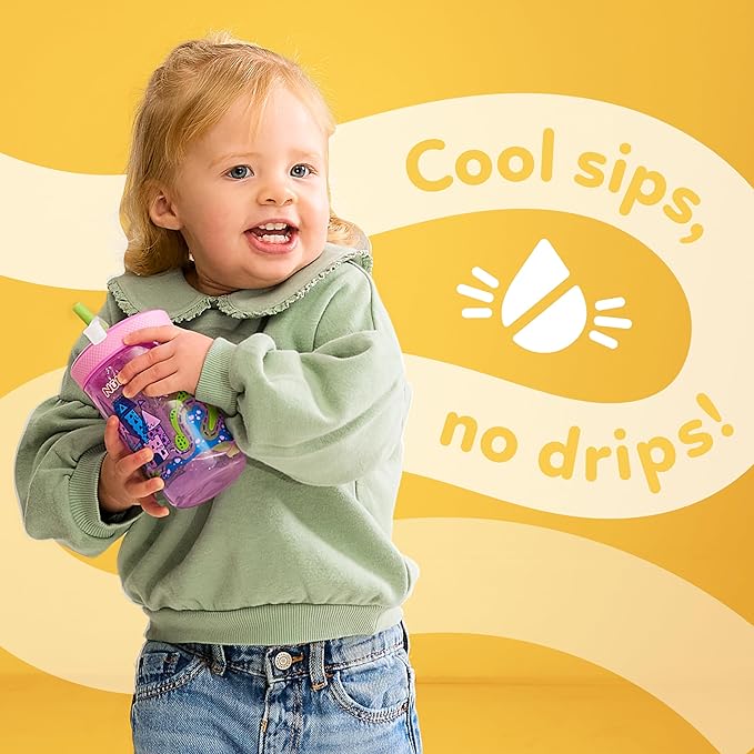 Nuby Thirsty Kids Super Sipper ??14oz No-Spill Toddler Cup with 360° Silicone Valve & Swivel Straw ??Leak-Resistant, Durable, Easy-Clean Design ??2 pk - Girls