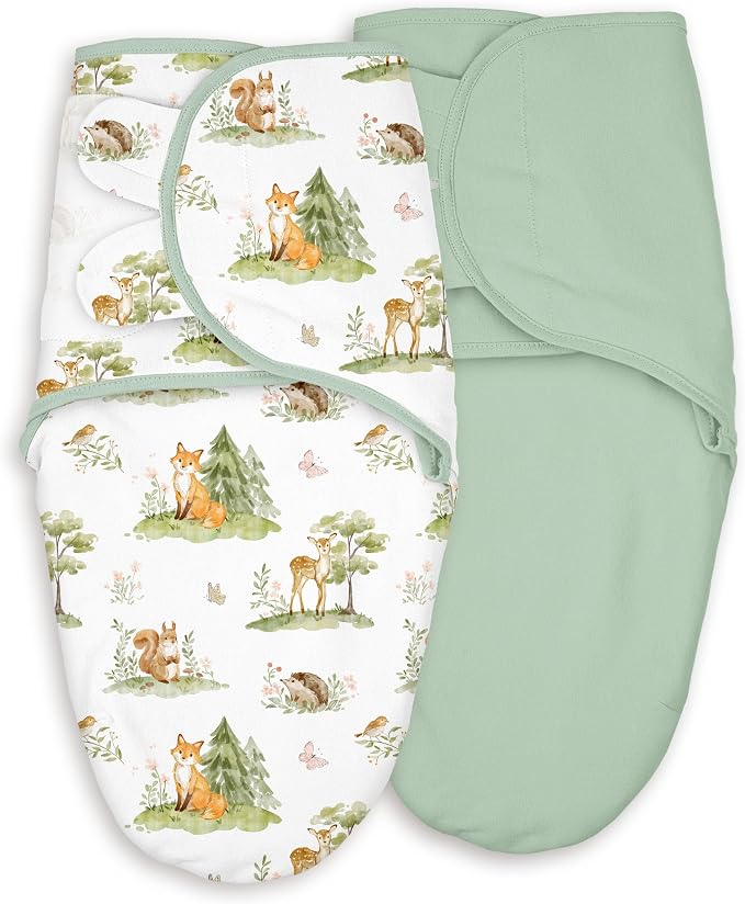 Baby Swaddles for Newborn Organic Cotton, Soft & Snug Velcro Swaddle 0-3 Months Sleep Sack Helps Calm Startle Reflex, 2-Pack Wrap Nursery Swaddling Green Jungle Animals