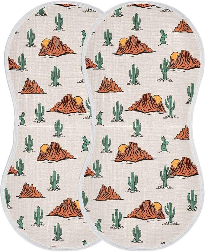 Western Cactus Muslin Burp Cloths for Baby Boys and Girls - 2-Pack Ultra Absorbent Muslin Washcloths, Newborn Towel, Milk Spit Up Rags, Burp Cloth Bibs, 22 x 11 Inch