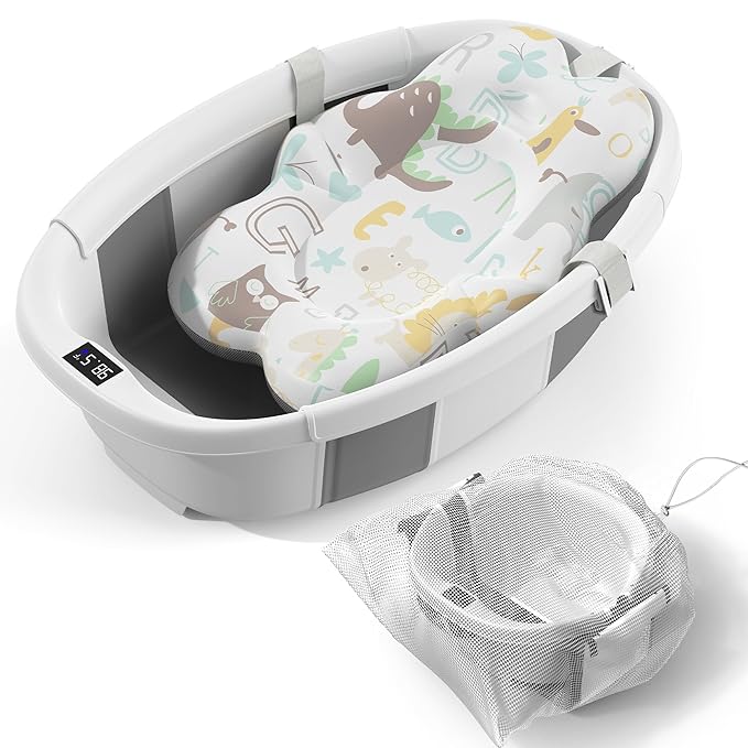 Collapsible Baby Bathtub - Large Baby Bath Tub with Thermometer & Cushion | Travel Portable Newborn Infant Bathtub | Foldable Toddler Bathtub for Baby 0 to 36 Months (Grey)