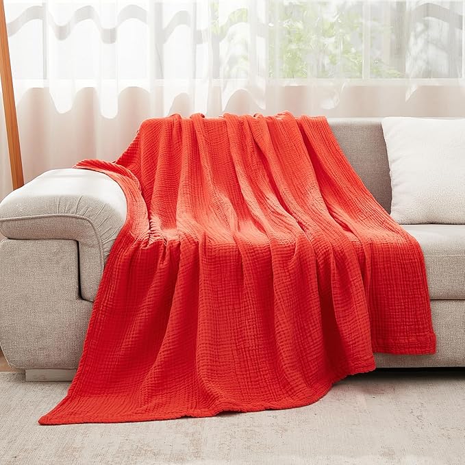 EMME Cotton Throw Blanket - 4-Layer 100% Muslin Soft, Breathable Gauze - All Season, Lightweight - Pre-Washed - Orange Rust, 50"x71"