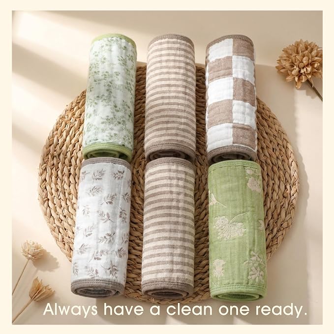 6-Pack Muslin Baby Burp Cloths Made with Organic Cotton – 6-Layer Absorbent & Gentle for Newborn Feeding, Burping – Ultra-Soft, 20x10 Inch Set in Natural Sage
