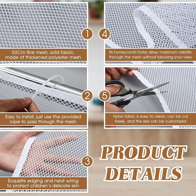 Hosuly Banister Guard 18 x 3 ft Balcony Netting for Kids Pets Stairway Safety Net Baby Fence Door Balcony Netting Safety Mesh Stair Net with No Drilling for Apartment Railing(White)