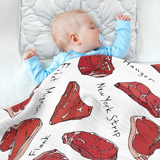 Ollabaky Beef Steaks and Meat Baby Blanket for Boys Girls Cotton Throw Blanket Swaddle Blanket for Crib Stroller Nursery Receiving Blanket Infant Toddler Unisex 30"x40"