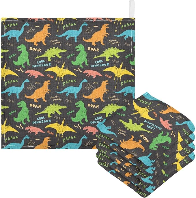 vvfelixl Baby Washcloths Cotton Colored Dino Dinosaurs Baby Muslin Washcloths Soft Baby Face Towel for Newborn Infants, 11.8 X 11.8 Inch, 3 Pack Black