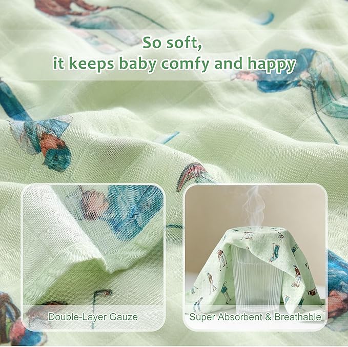 Muslin Swaddle Blankets for Newborn, Large 47"x47" Soft Breathable Bamboo Cotton Baby Blanket, Lightweight Receiving Blanket for Boys and Girls, Green Swing