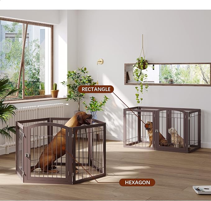 JSB 144-inch Extra Wide 30-inch Tall Dog gate with Door Walk Through, Freestanding Pet Gate for Halls, Stairs & Home, Pet Puppy Safety Dog Fence with 2PCS Support Feet (Espresso)