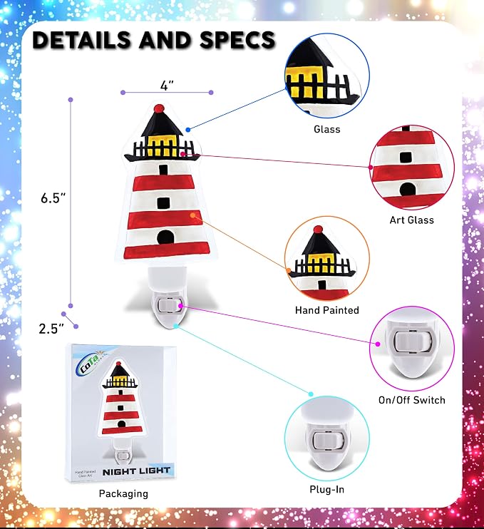 CoTa Global Lighthouse Plug in Glass Night Light Energy Efficient Nightlight Wall Decorative Manual On & Off Switch Incandescent Portable Lights for Stairways Bedroom Kitchen Hallways Bathroom