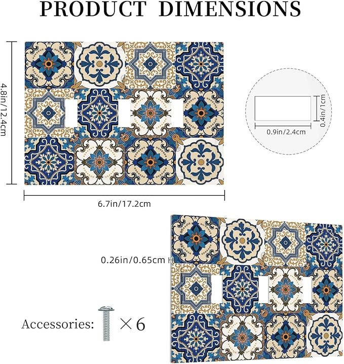 Boho Talavera Decorative Tile Moroccan Mandala Print Decorative Switch Plates 3 Gang Wall Plate Triple Toggle Light Switch Cover Faceplate Electrical Wall Panels for Bathroom Kitchen Decor