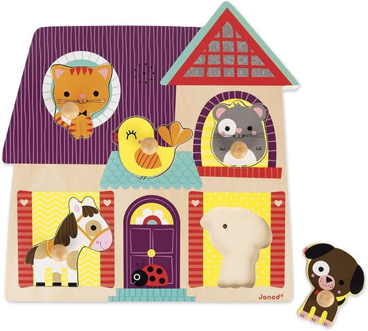 Janod 5 Piece Musical Animal Sound My Little Friends Themed Wooden Peg Colorful Jigsaw Puzzle with Sound Effects - Encourages Shape Recognition, Dexterity & Language Development - Toddlers 18 Months+