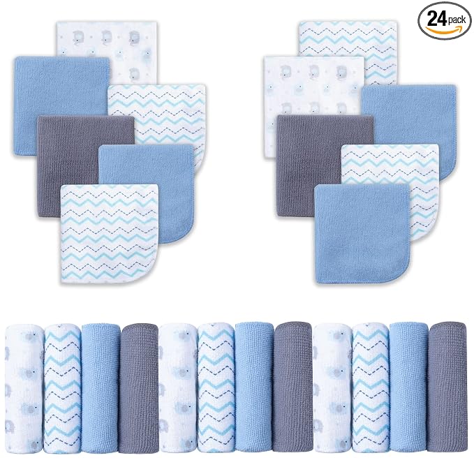 Viviland Baby Washcloths, 24Pack Baby Wash Cloths for Newborn, Baby Towels and Infant Bath Face Washcloths for Boys Girls Super Soft Absorbent, Gentle on Sensitive Skin Body, 9x9 Blue Elephant
