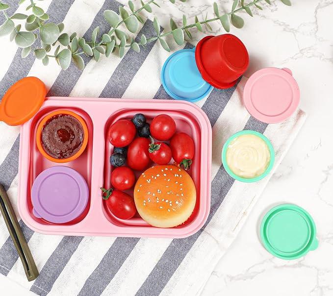 KOLUTI 6 Pack Salad Dressing Container To Go, Nonstick Silicone 1.6oz Sauce Cup for Lunch Bento, Small Condiment Storage Box with Lid, Leak-proof, BPA Free, Dishwasher & Microwave & Oven Safe