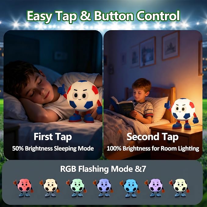 Soccer Gifts for Boys Girls, Soccer Night Light，Soft Silicone with Touch Control, 7 RGB Colors, Auto-Off, Dimmable, Rechargeable 1200mAh, Teen Kids Sports Fan Birthday Gifts (Blue&Red)