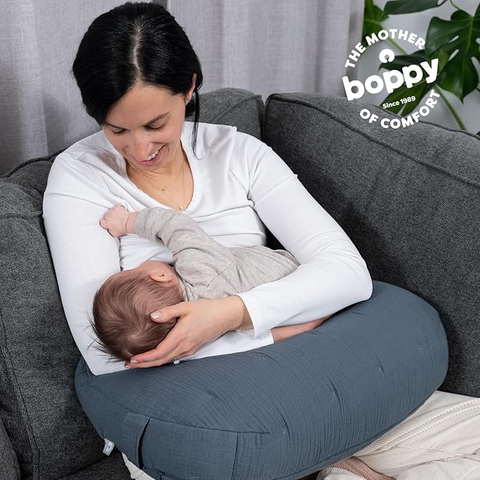 Boppy Nursing Pillow Luxe - Ergonomic Bottle & Breastfeeding Pillow with High Lift & Firm Support - Water-Resistant with Washable Cotton Muslin Cover - Baby Safety Alliance Verified - Slate Blue