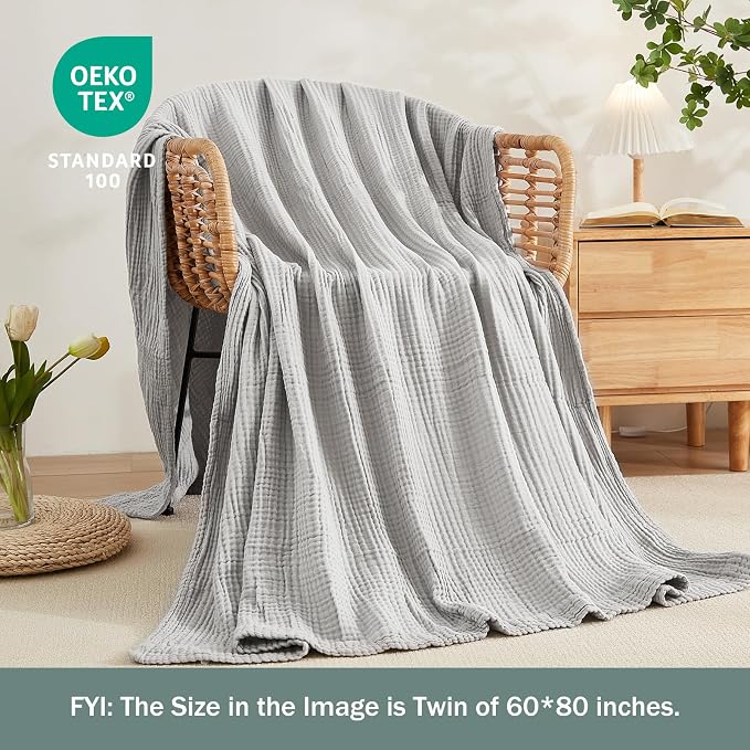 EMME Cotton Muslin Large Throw Blanket Couch 4-Layer Breathable Gauze Soft Lightweight Bed Blankets(Light Grey, 50"x71")