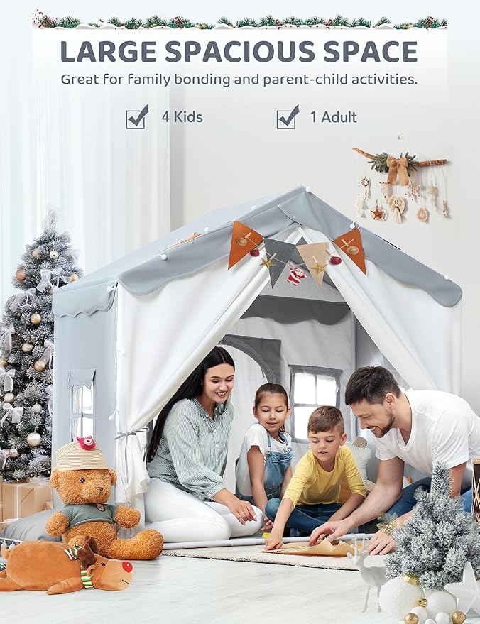 besrey Kids Tent, Kids Play Tent 2 in 1 with Padded Mat and Lights, Large Playhouse with 2 Doors & 4 Windows, Indoor & Outdoor, Halloween Toddler Playhouse, 51" x35" x 51" (Gray)