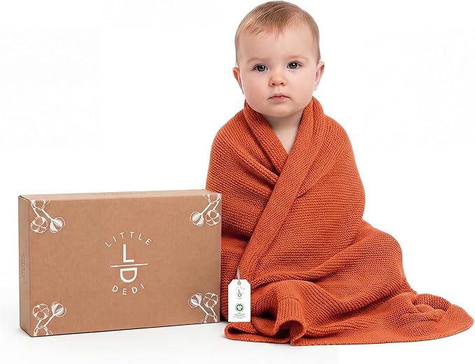 100% Organic Cotton Baby Knitted Blanket with Gift Box - Soft Toddler, Crib, Stroller Blanket - Neutral Swaddle and Receiving Blanket for Newborns, 30"x40", Harvest Pumpkin