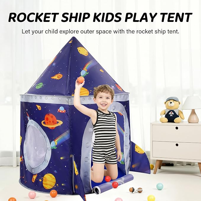 Rocket Space Ship Kids Play Tent Gift, Toddlers Playhouse Castle Toys, Baby Boys Girls Gift for 3 4 5 6 7 Year Old, Outdoor Indoor Teepee Tent