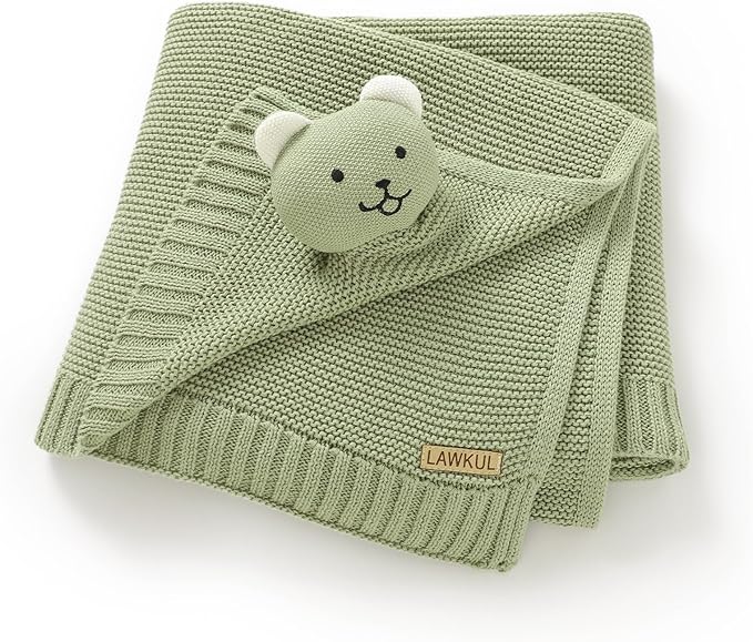 LAWKUL Baby Blanket Bear Lovey Soft Plush Security Blanket for Newborns Infants Boy Girl Knit Snuggle Comfort Green 40x30in