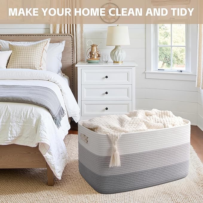 OIAHOMY Large Blanket Basket, 22?�x17?�x12??Rectangle Woven Baskets, Nursery Blanket Storage Living Room, Toy Storage With Handle, Large Baskets for Organizing-Gradient Grey