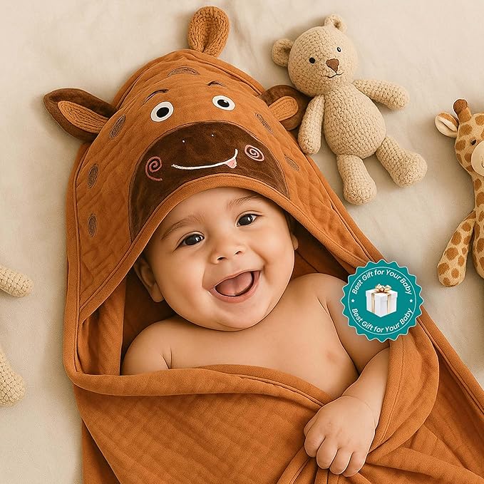 Chungie Soft Muslin Hooded Baby Towels 32x32 inches ??100% Cotton, 6-Layer Breathable Newborn Bath Towels with Hood, Pack of 2 (Printed + Embroidered)