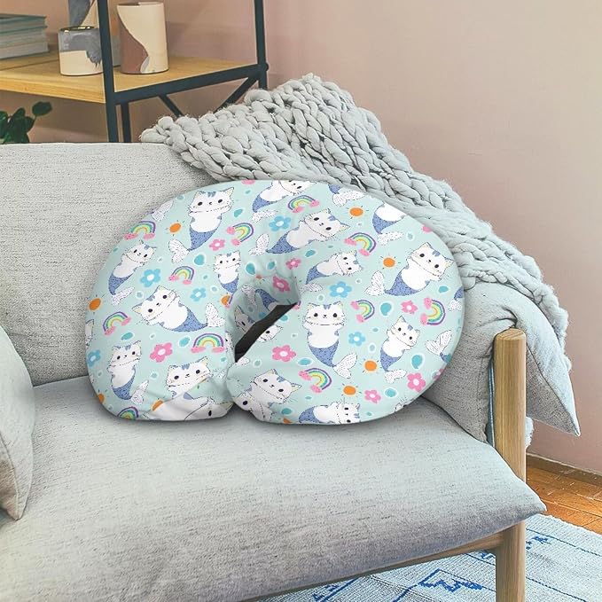 Light Blue Nursing Pillow Cover Stretchy and Soft Nursing Cover for Breastfeeding Pillows,Cute Cat-Fish Pillow Slipcover for Baby Girls Boys Newborn Rainbow (Cover Only)