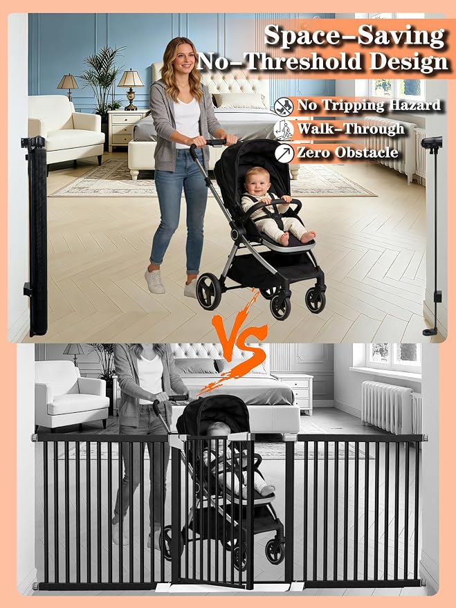 80" Wide Retractable Baby Gate for Stairs, 42" Extra Tall Retractable Dog Pet Gate with Support Rods, Mesh Screen Child Safety Gate for Doorways Hallways Deck Porch, Outdoor Indoor Use