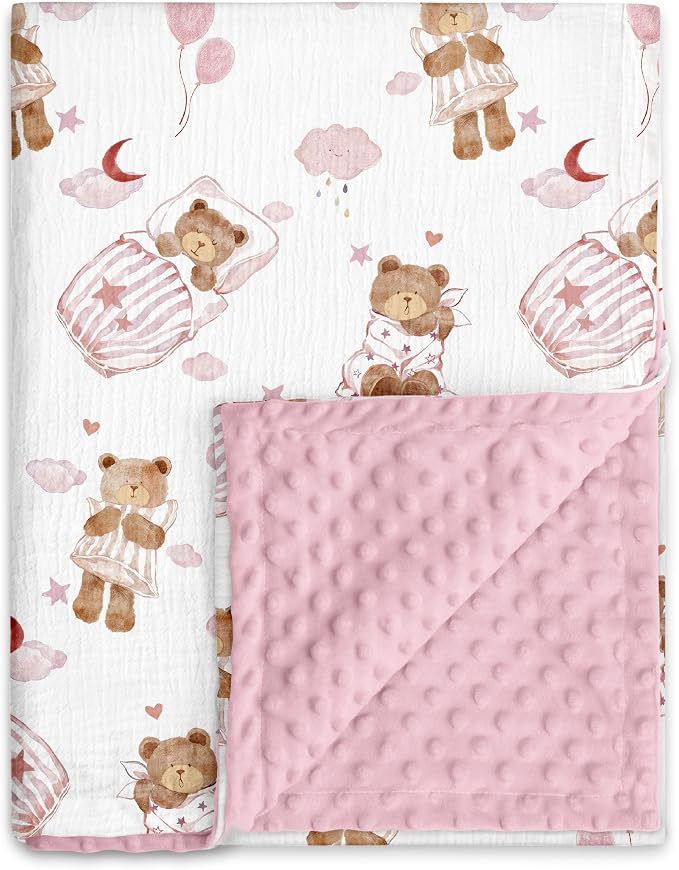 GLLQUEN BABY Blankets for Girls, Soft Muslin Cotton Front Dotted Fleece Backing, Nursery Minky Crib Blanket for Infant Toddler, 30 x 40 inches Throw Blanket, Pink Bear