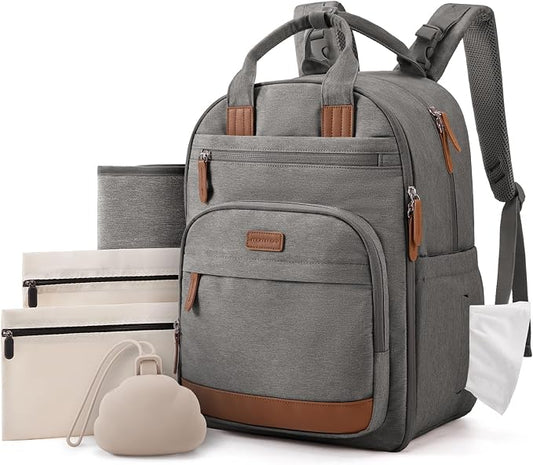 mommore Diaper Bag Backpack with Waterproof Changing Pad, Insulated Bottle Holders & Pacifier Case, Baby Diaper Bag with 2 Organizer Pouches, Stroller Straps, Dark Gray