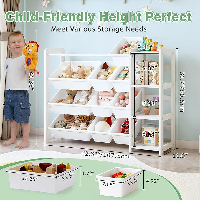 MallBest Kids Toy Storage Organizer with Bookshelf – Wooden Toy Bin Organizer with 12 Storage Bins & 3-Tier Shelf, Toy Shelf for Toddlers, Nursery, Playroom, Bedroom（White）