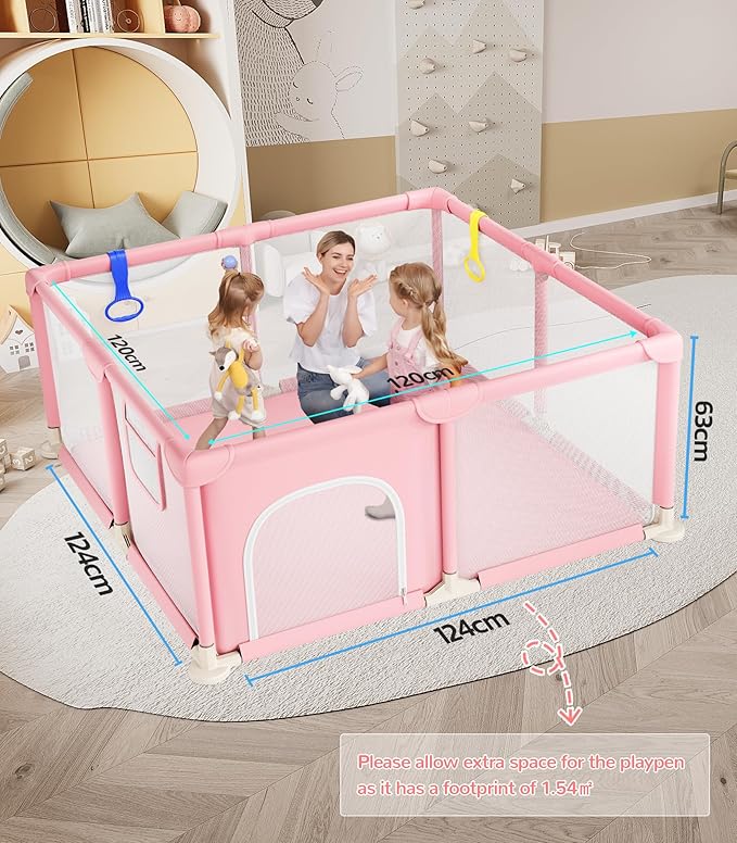 Dripex Baby Playpen, 50"x50" Small Playpen for Babies, Enhanced Safety Baby Play Yard for Indoor & Outdoor, Infant Play Pen with Soft Breathable Visible Mesh, Anti-Fall Design & Easy Setup, Pink