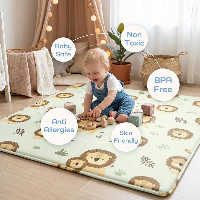 1.5" Thick Premium Baby Floor Play Mat, 71x59 Over-Sized Padded Memory Foam Mat, Tummy Time Crawling Playmat for Nursery Kids Playroom, Lion