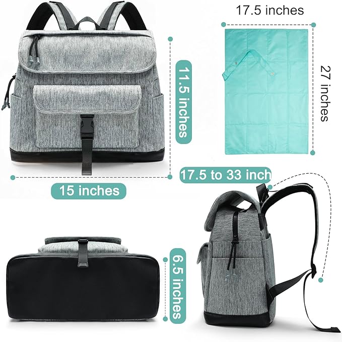 MOMINSIDE Diaper Bag Backpack, Small Diaper Bag, Mini Baby Diaper Bag with 12 Pockets, 4 Insulated Pockets, Changing Pad, Stroller Straps(Grey)