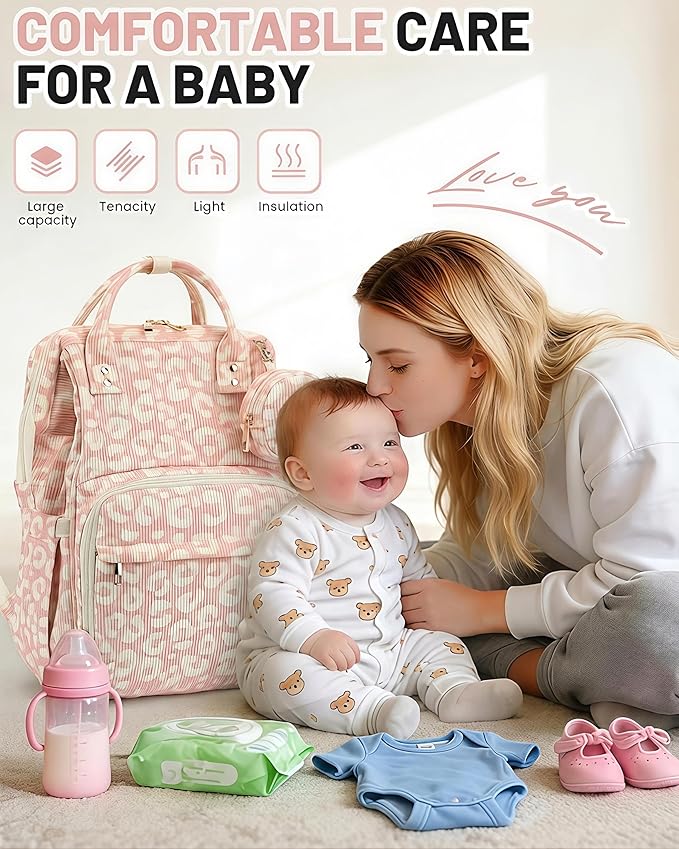 Corduroy Diaper Bag Backpack, Large Capacity Multifunction Baby Diaper Bags for Women, Insulated Bottle Pockets & Pacifier Case, Stylish Travel Nappy Changing Bags for Mom Dad (Leopard Pink)