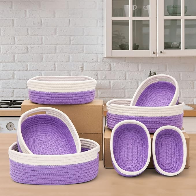 7 Piece Cotton Rope Woven Basket Set - Small Basket for Baby Nursery, Pets, Montessori, Dog & Cat Toy Boxes, Bathroom Organization Bins (White/Purple)